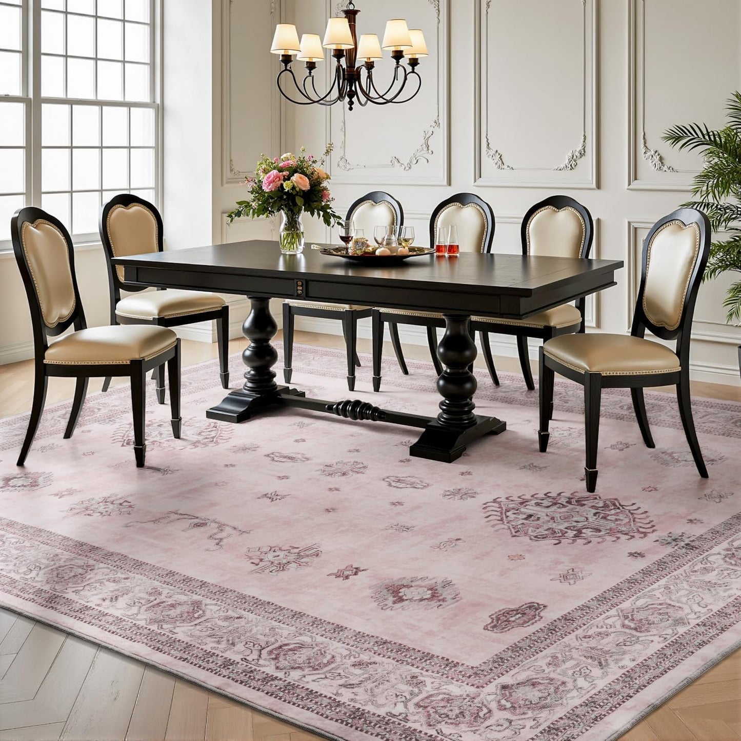 AMOAMI-Vintage Area Rug 8X10 Pink Rugs for Living Room-Soft Living Room Rug Non Slip Rugs for Bedroom Carpet Machine Washable Rug for Dining Room Bedside Office Room Decor