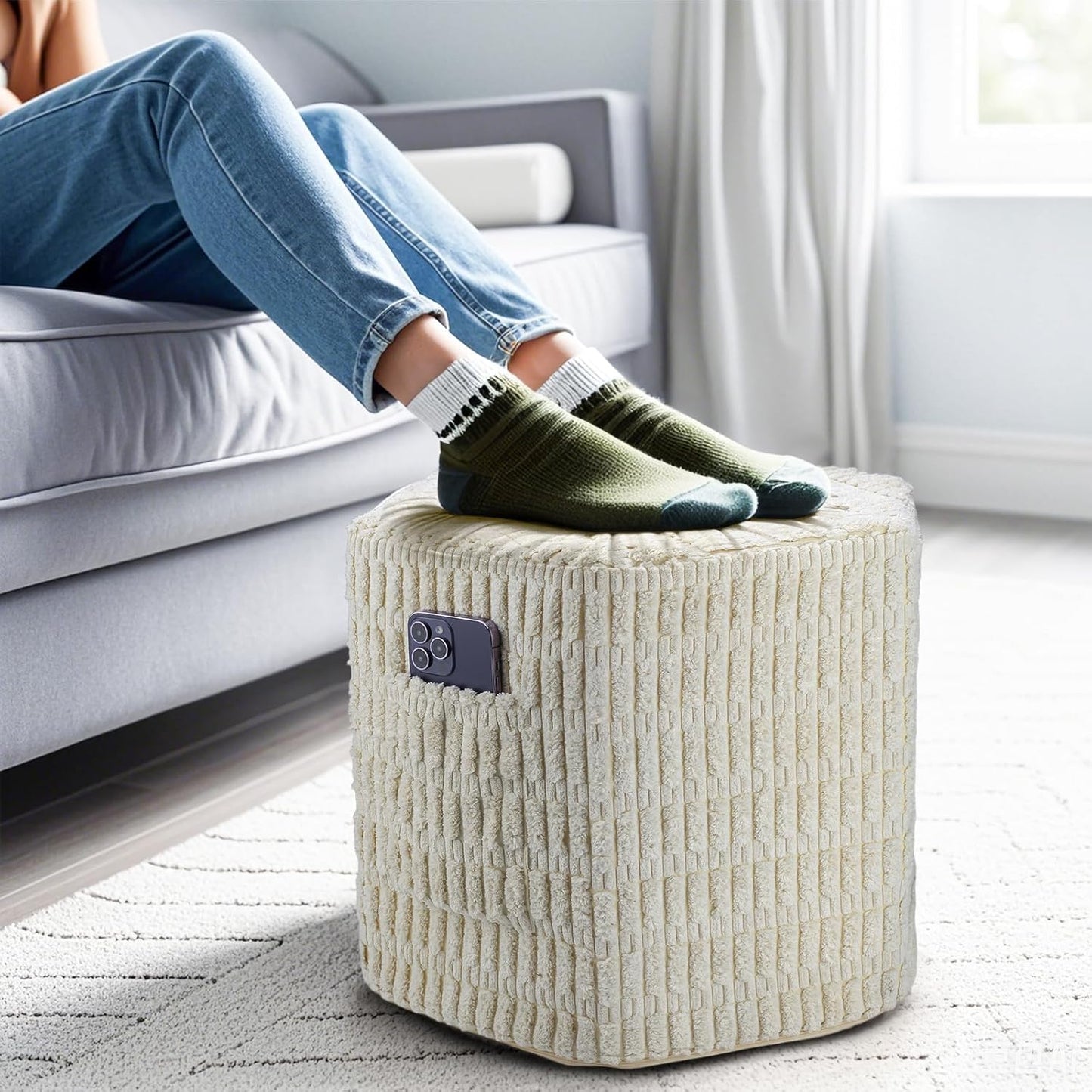 Hexagon Pouf Ottoman Stuffed with 2 Pockets & Handle, Comfort Corduroy Poufs, Non-Slip Foot Stool Storage Ottoman, Foam Floor Poufs Foot Rest for Couch, Bedroom (Beige)