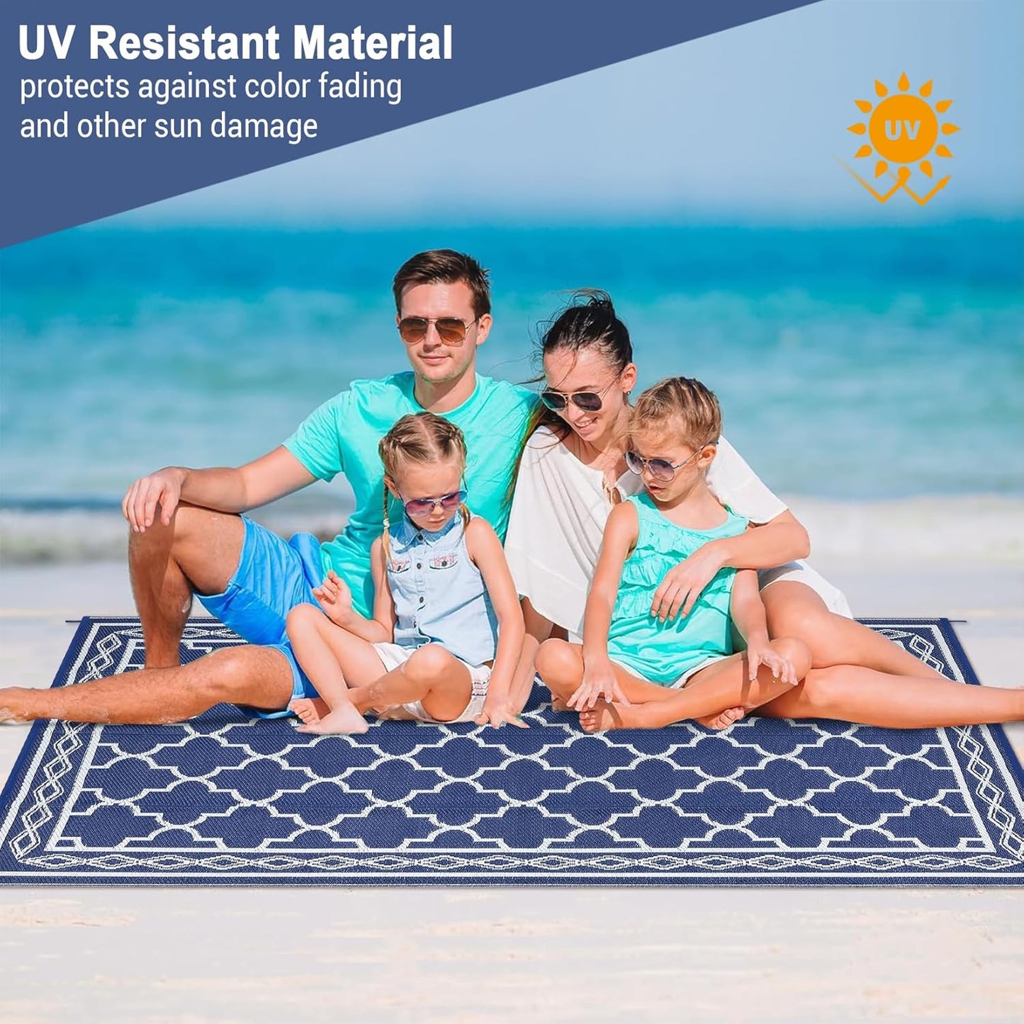 GAOMON Outdoor Rug 9'x12' Waterproof Rug for Patio Decor, Foldable Reversible Plastic Straw Area Rugs Mat for Camper, Outside Carpet for Deck, Porch, Picnic, Beach, Navy/White(Geometric)