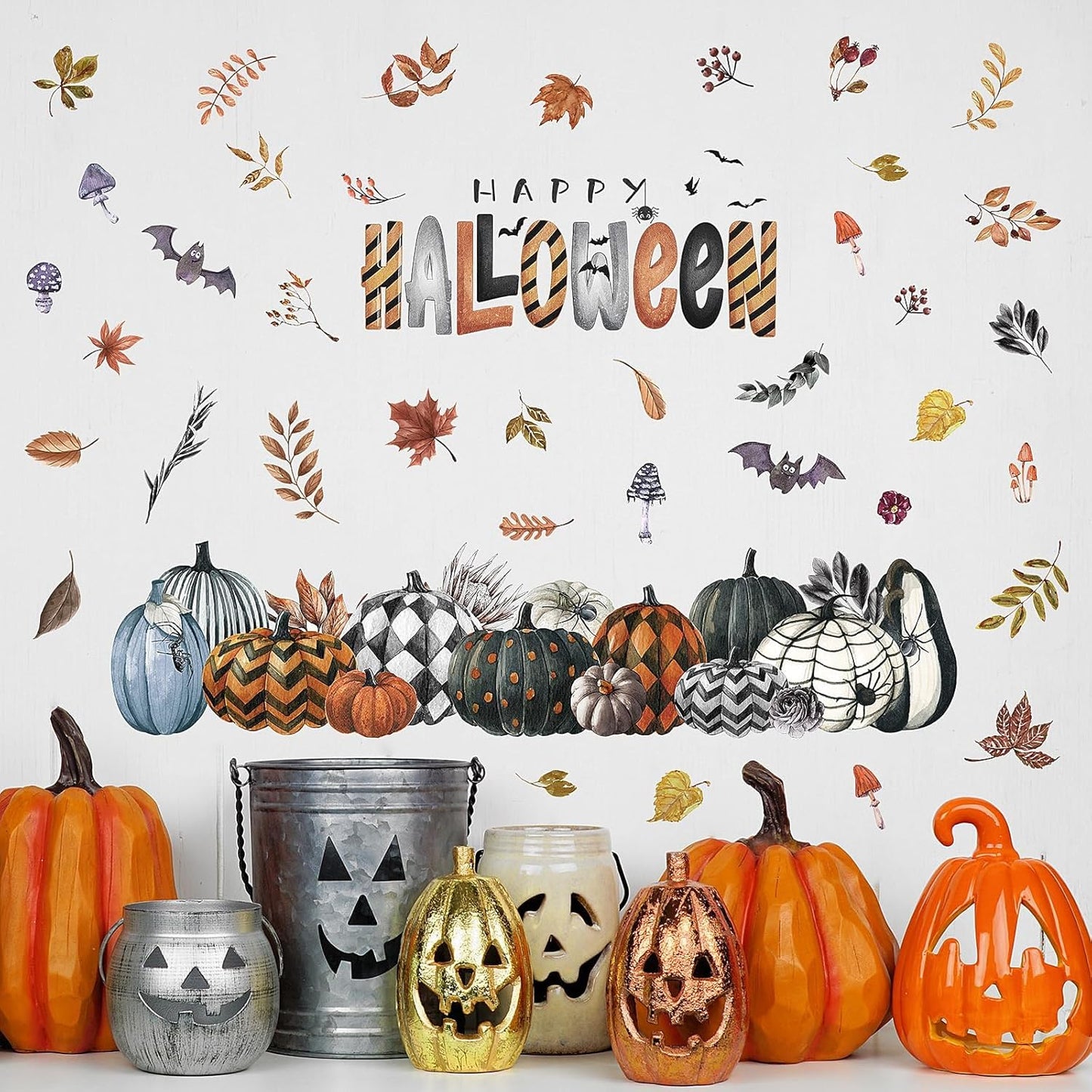 clothmile 40.15 x 38.58 Inch Happy Halloween Pumpkins Wall Decals Halloween Leaves Bat Spider Wall Stickers Halloween Removable Wall Sticker for Halloween Party Supplies Home Wall Decor