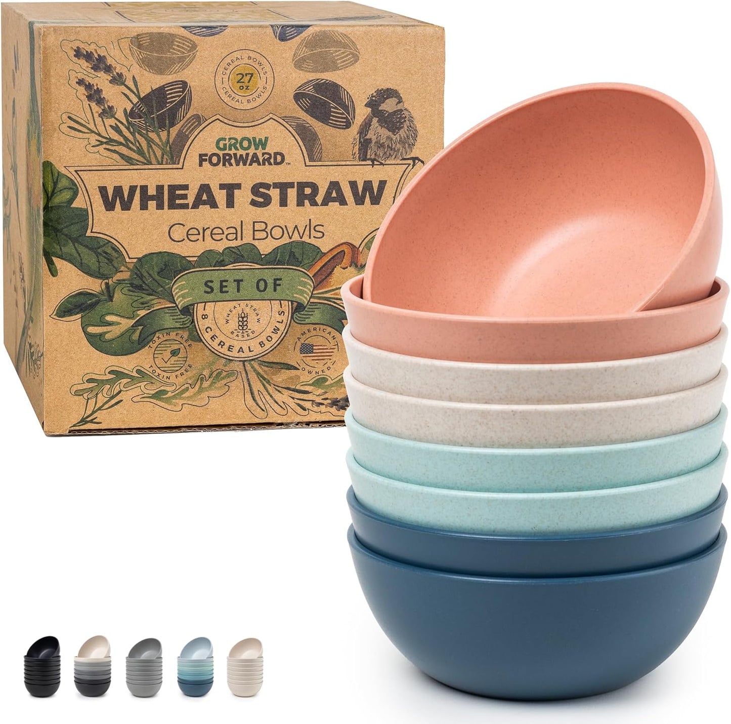 Grow Forward Premium Wheat Straw Bowls - 27oz Microwave Safe Plastic Cereal Bowls Set of 8 for Kitchen, Camping, RV, Dessert, Snack, Soup, Salad, Fruit - Reusable, Unbreakable & BPA Free - Tropical