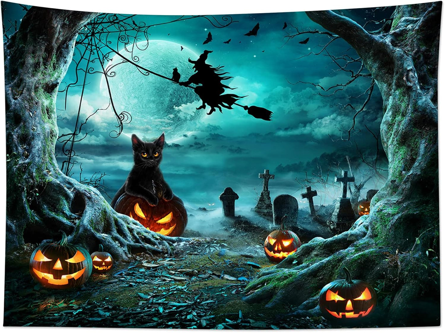LB Halloween Tapestry Pumpkins Black Cat Dead Tree in Spooky Graveyard Full Moon Night with Witch Halloween Wall Hanging for Bedroom Living Room Dorm Decor 92.5x70.9 Inch