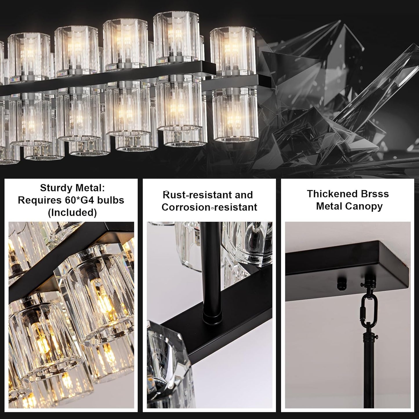 Crystal Black Rectangular Chandelier Light Fixture,54 in Dining Room Chandeliers Over Table,Modern Chandeliers For Living Room,Arcachon Chandelier,Kitchen Island Chandeliers Includes 60xG4 Bulbs