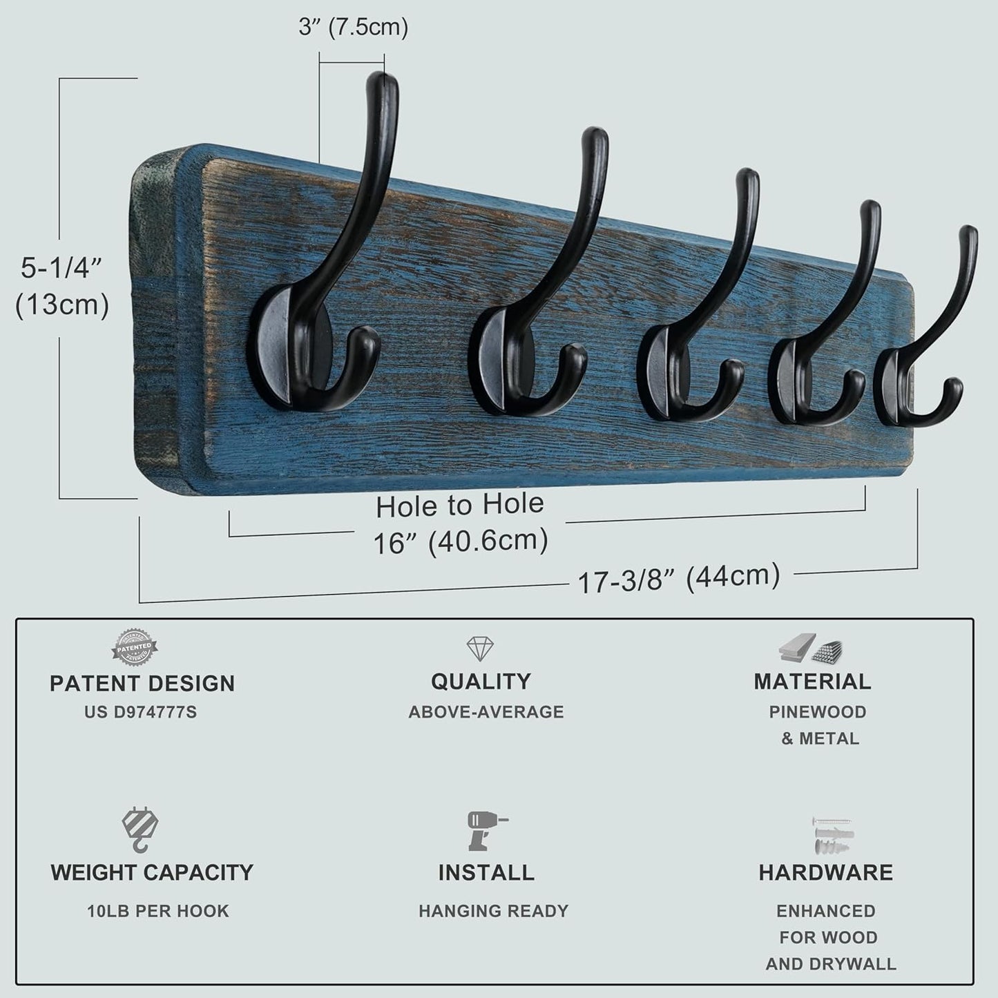 Dseap Coat Rack Wall: Patented, Heavy-Duty, 5-Double-Hooks Wooden Wall Mounted Coat Rack Coat Hanger Hook Rail for Winter Coats Hat Jacket Clothing, Weathered Blue, Pack of 2