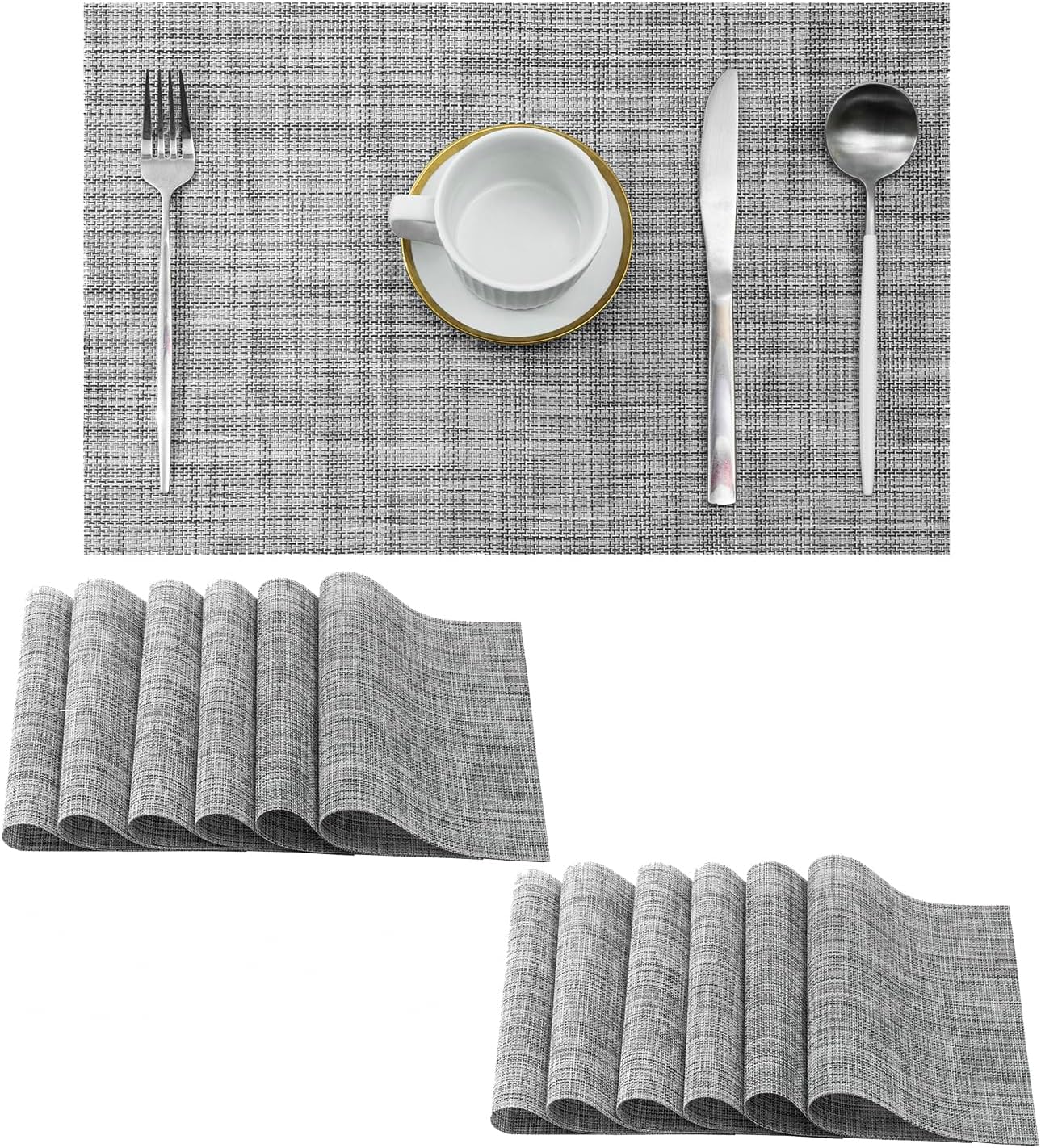 Leetaltree Linen Grey Placemats Set of 12 - Heat Resistant Non-Slip Place mats for Dining Table, Washable Durable PVC Vinyl Woven Table Mats（Linen Grey, 12）