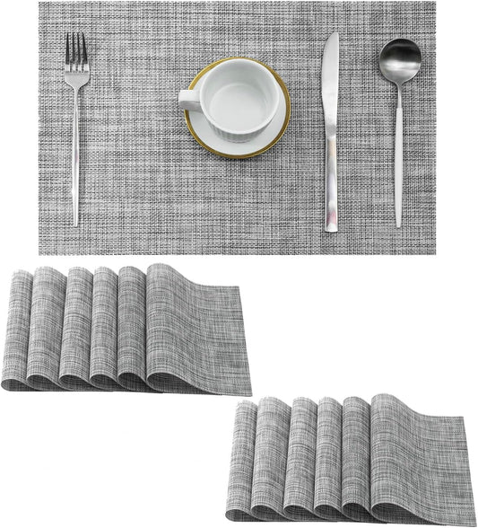 Leetaltree Linen Grey Placemats Set of 12 - Heat Resistant Non-Slip Place mats for Dining Table, Washable Durable PVC Vinyl Woven Table Mats（Linen Grey, 12）