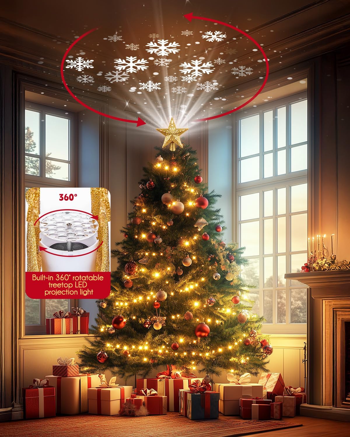 Christmas Star Tree Topper with Built-in Led Snowflake Projector Lights Hollowed Pentagram Tree Topper,Plug in Christmas Tree Ornament for Indoor Office Xmas New Year Holiday Tree Decoration