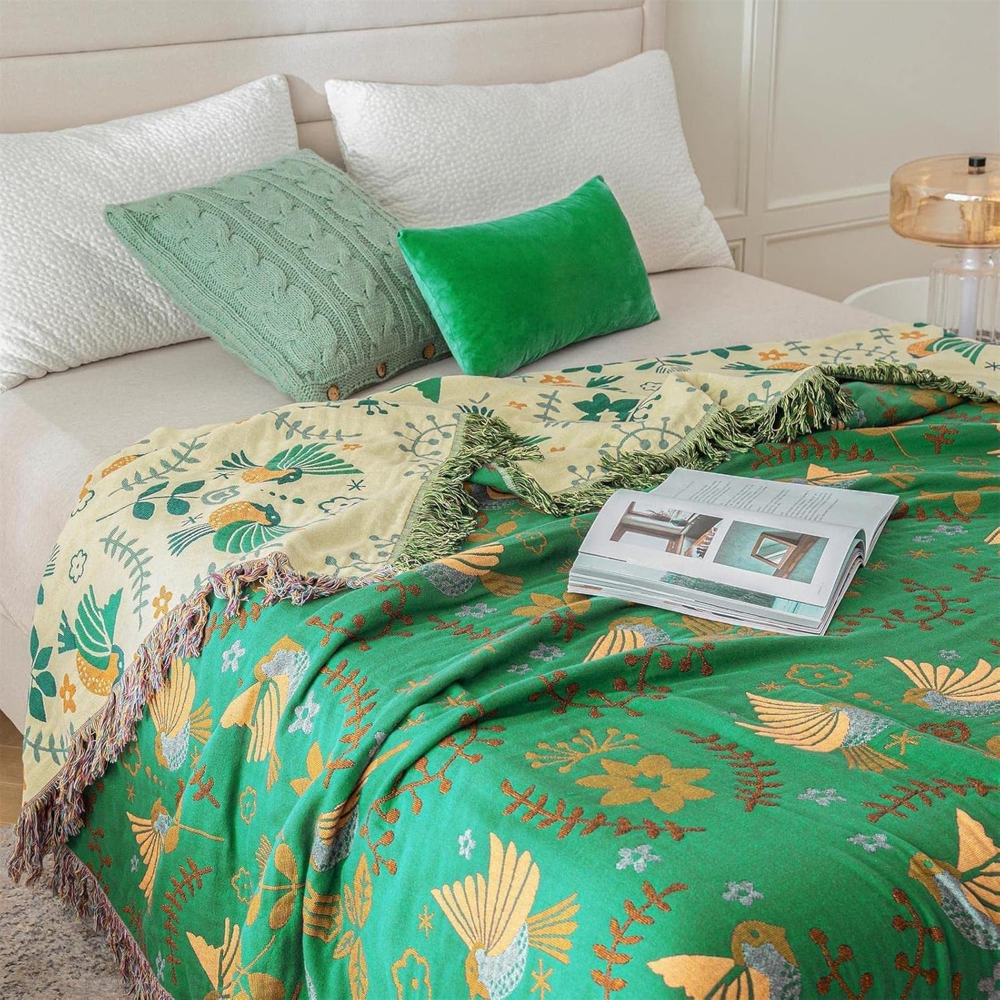 MSGKV Cotton Bed Blanket for Couch and Sofa Blankets for Living Room Bedroom Floral and Birds Throw 80"x90" Breathable Cozy Boho Blankets