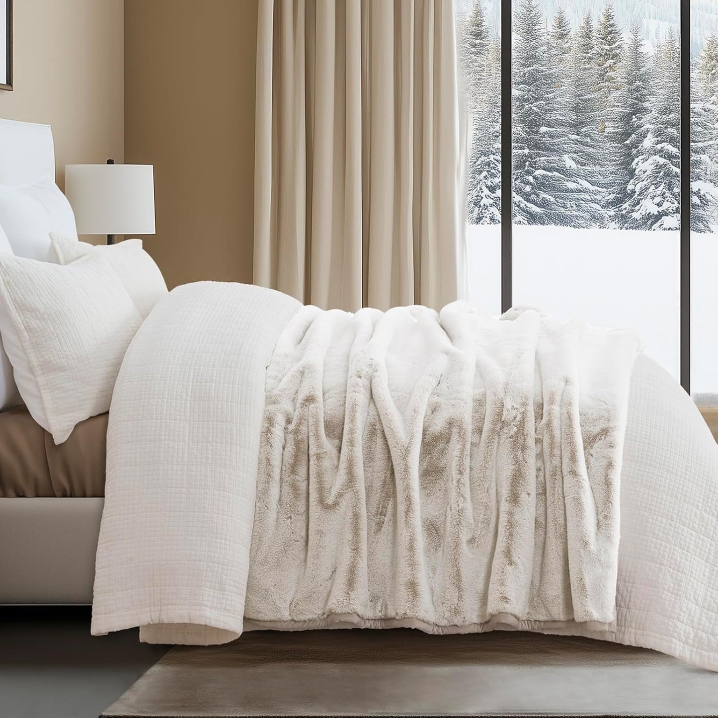 Ultra Soft Luxury Fluffy Mink Faux Fur Throw Blanket, Thick Warm Fall Winter Blankets for Bed, Couch, Cozy Plush Reversible Blanket for Chair, Sofa (Tipped Champagne Ivory, 60"x80")