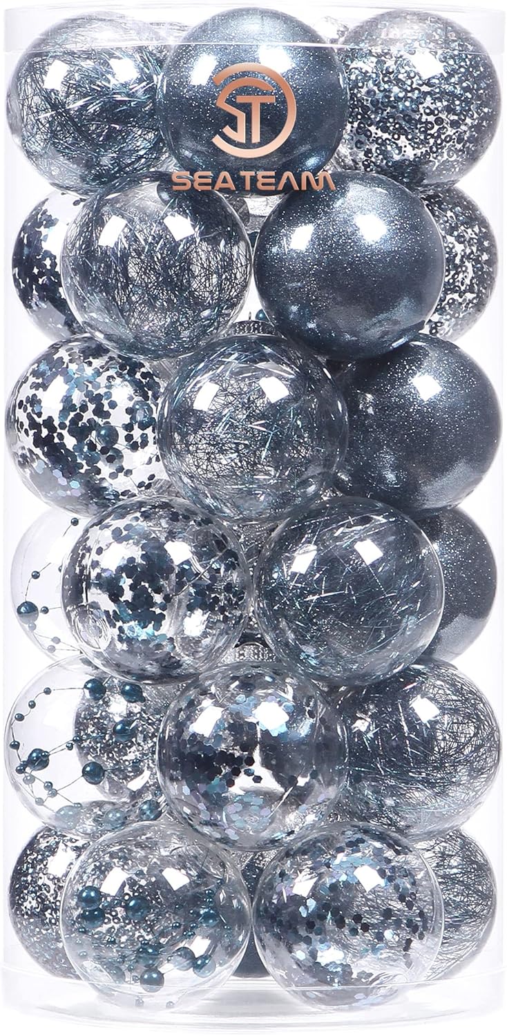 Sea Team Shatterproof Clear Plastic Christmas Ball Ornaments Decorative Xmas Balls Baubles Set with Stuffed Delicate Decorations (60mm/2.36 inch 30-Pack, Stone Blue)