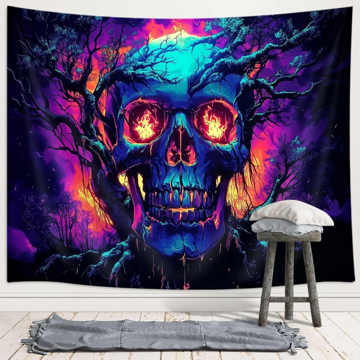 Xiaoput Blacklight Fire Skull Tapestry for Bedroom, Trippy UV Reactive Burning Skeleton Forest Wall Hanging Tapestries, Scary Dark Horror Glow in the Dark Tapestries for Living Room Home Dorm 60X40IN