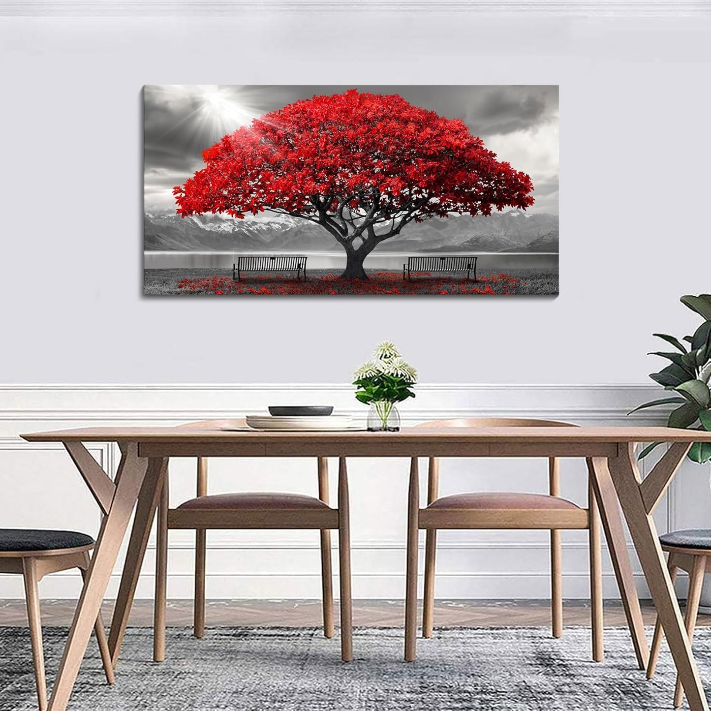 AJAZIKO Red Wall Art - Modern Framed Wall Art for Living Room - Red Tree Black and White Landscape Canvas Prints Posters & Prints for Home Office Bedroom Decorations - Large Wall Pictures 24×48IN