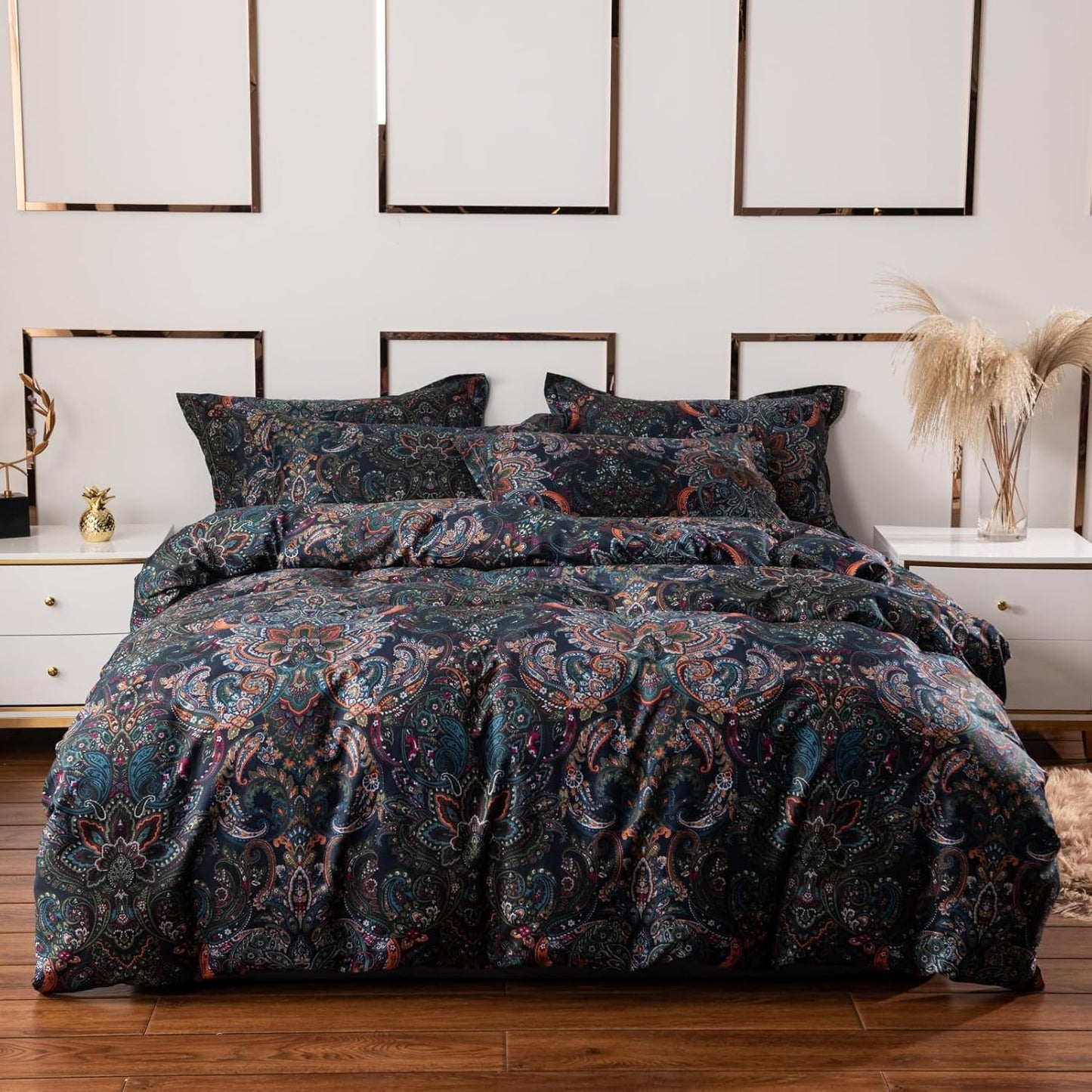 ABREEZE Luxury Vintage Black Duvet Cover Sets Damask Paisley Bedding Set Retro 100% Brushed Cotton Zipper Closure Bedding Collection Full Size