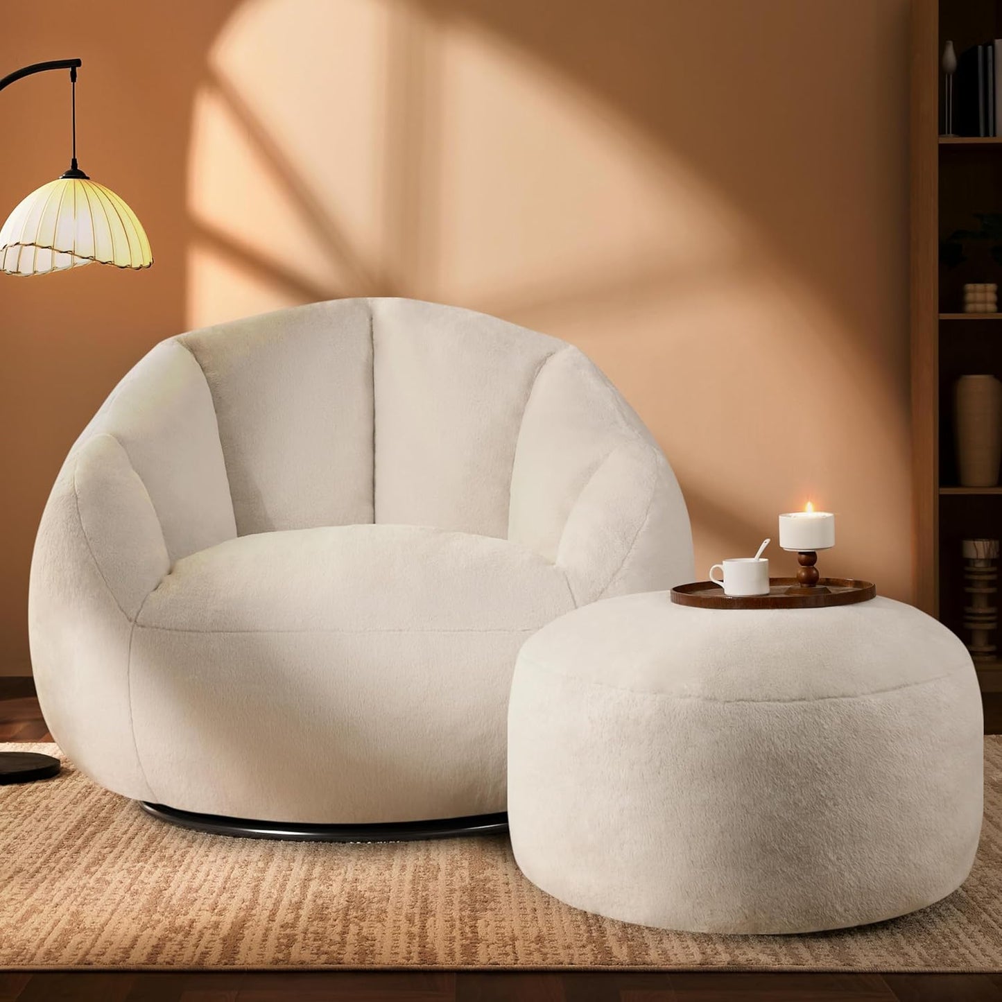 Giant Bean Bag Swivel Chair for Adults - Comfy Plush Round Shell Soft Accent Chaise Lounge Indoor Chair, Oversized Cozy Floor Sofa for Living Room, Bedroom & Game Rooms, Beige