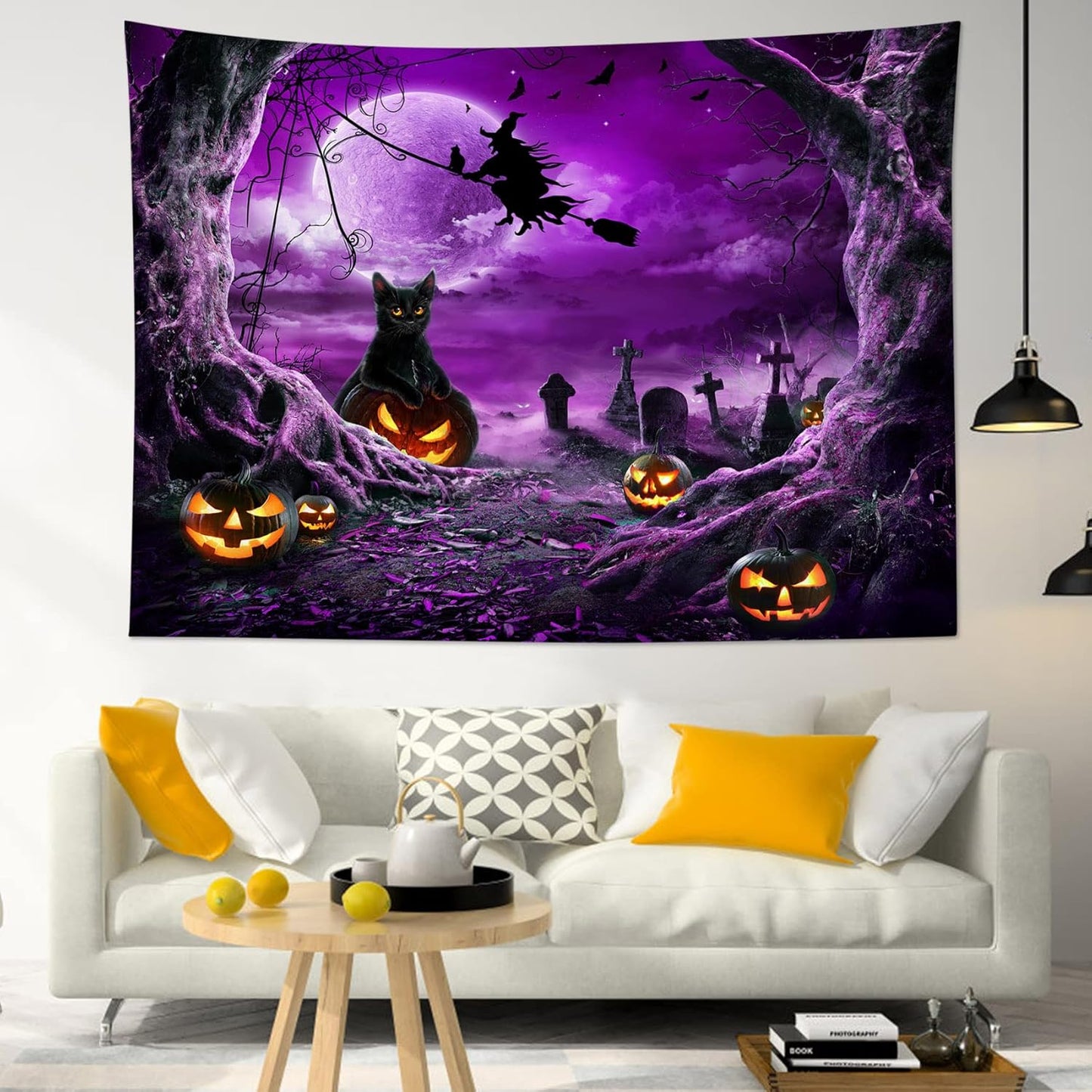 LB Halloween Wall Art: Horror Witch Cat & Dead Tree Pumpkin Lights with Spooky Graveyard Purple Full Moon Wall Tapestry for Bedroom & Living Room, 59x51 Inches