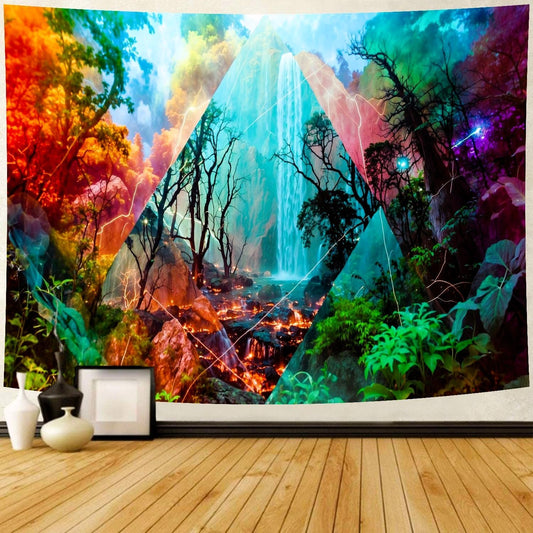 Delur Forest Tapestry Waterfall Mountain Rainforest Sunset Nature Tree Tapestry Wall Hanging Scenic Tropical Landscape Natural Sunrise Headboard for Bedroom Living Room Home Decor (51.2" x 59.1")