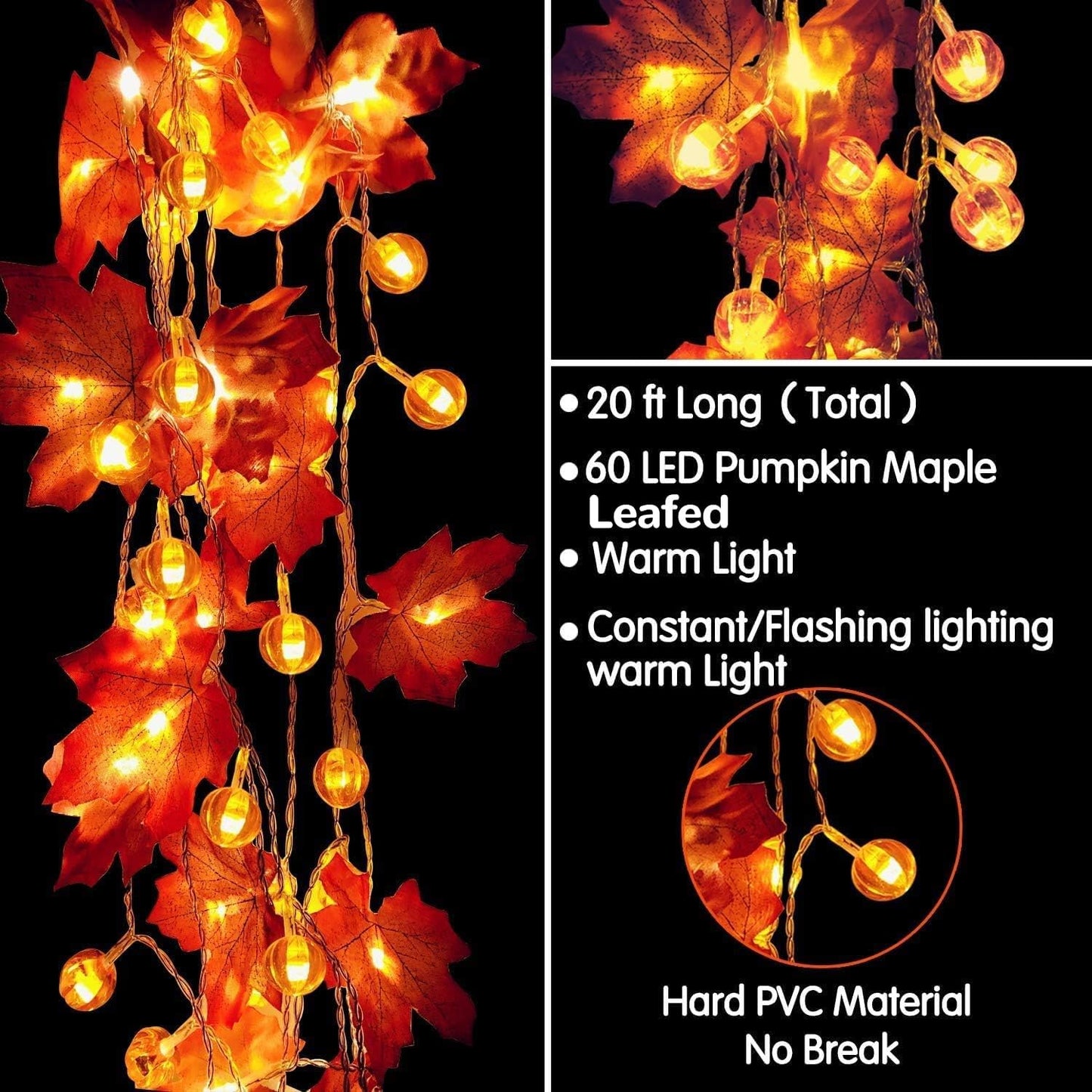2 Pack Fall Garland with Pumpkin Lights Halloween Decorations Indoor 60 LED 20 Ft Enlarged Maples Leaves Fall Lights Battery Operated Halloween Garland Thanksgiving Decor Home Indoor Outdoor Christmas