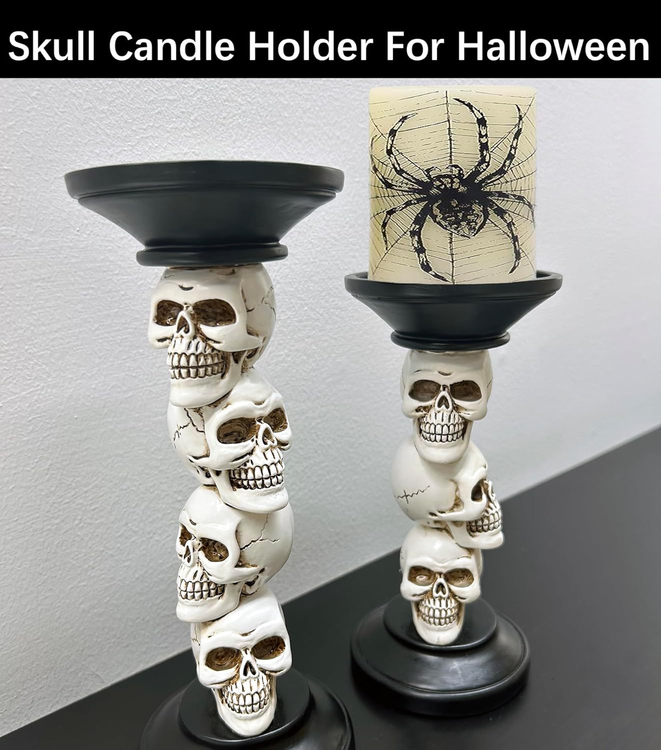 Vintage Resin Skull Skeleton Candle Holders - Set of 2 for Halloween Decor