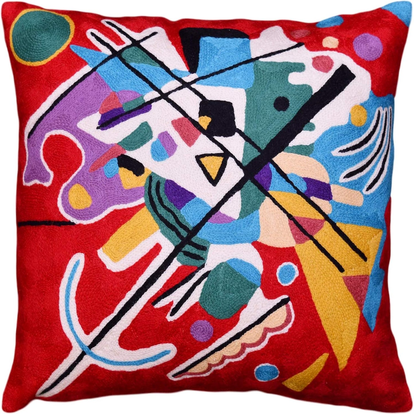 Kandinsky Modern Couch Pillow Cover - Red Painting | Abstract Toss Pillow | Modern Chair Cushion| Contemporary Pillow | Mid Century Chair Cushion | Hand Embroidered Pillow | Wool Size 18x18