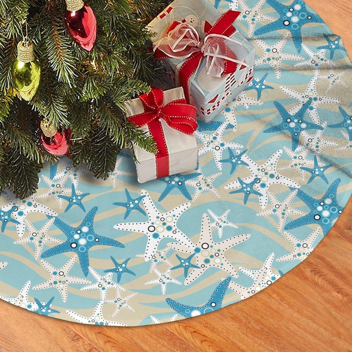 Christmas Tree Skirt,Beach Starfish Xmas Tree Skirt Rustic Farmhouse Tree Skirt for Christmas Decor Xmas Holiday Home Party Decorations36