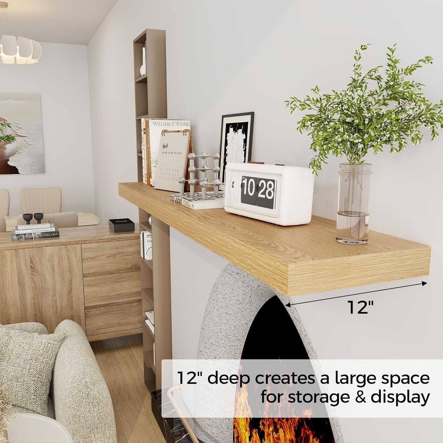 Fun Memories 55 Inch Floating Shelves, 12 Inch Deep Floating Shelf for Wall, 55 x 12 Large Floating Shelves for Fireplace Mantel, 2 Inch Thick Wall Shelf for Living Room, Bedroom, Oak Color, 1 Pack