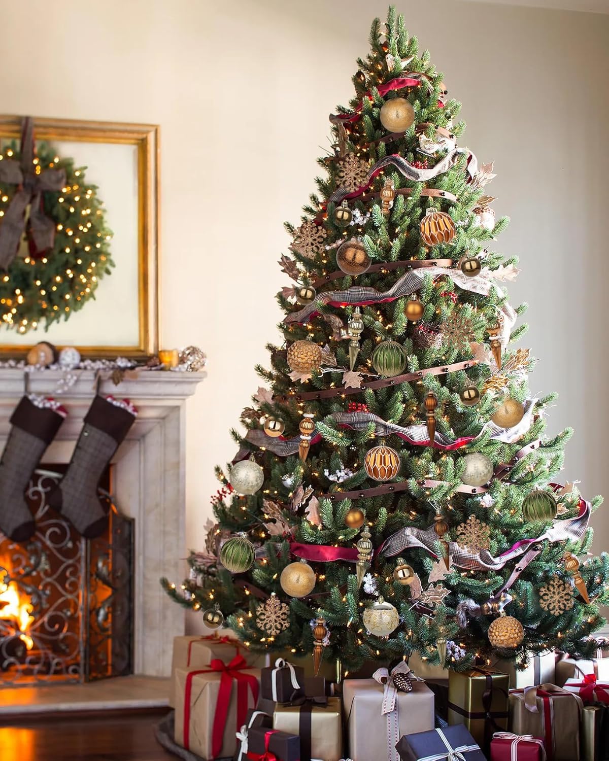 92ct Christmas Tree Decoration Set - Shatterproof Christmas Baubles with Strings, Bronze-Champagne