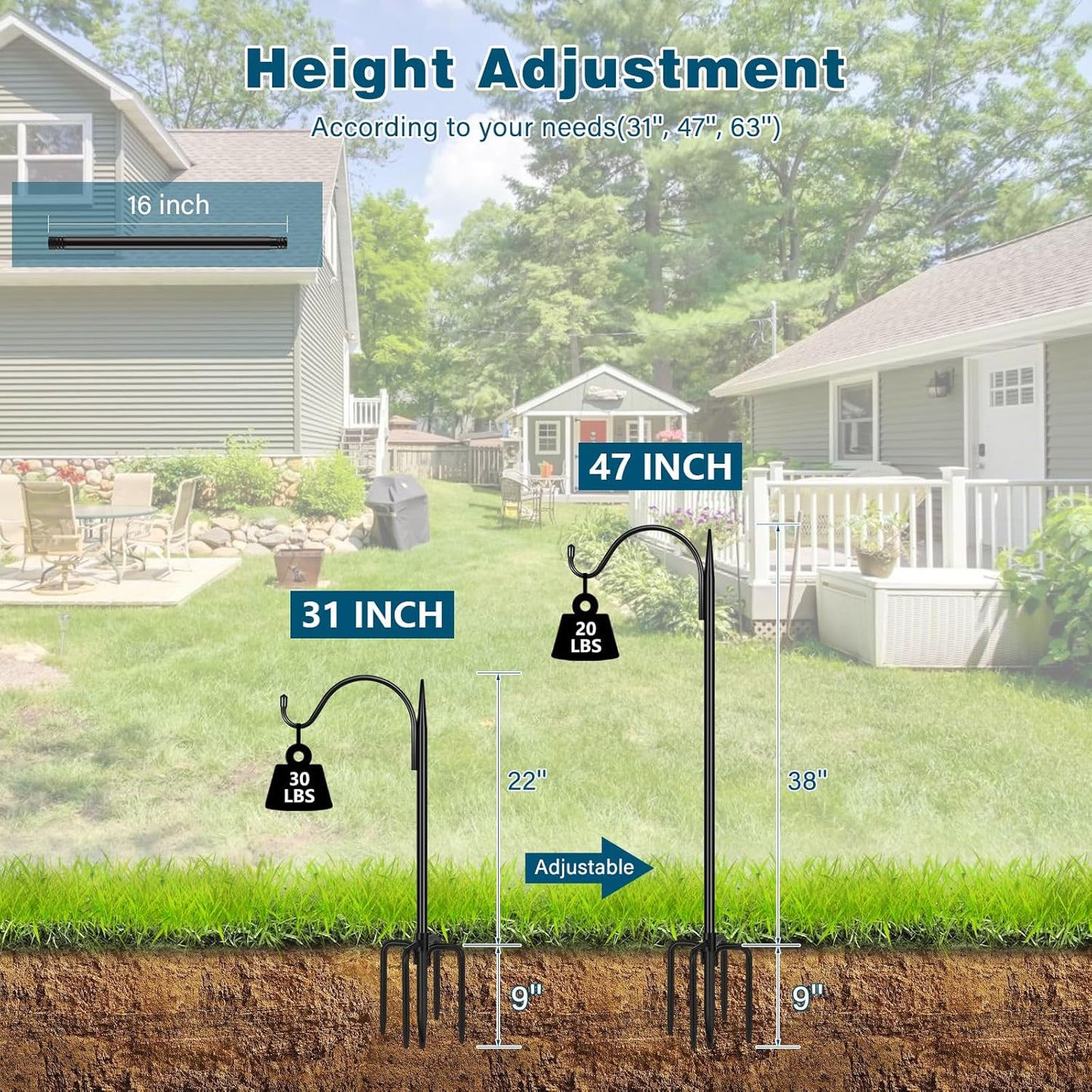 Gtongoko 47 inch Small Shepherds Hooks for Outdoor with 5 Prongs, Adjustable Bird Feeder Pole Garden Hooks for Hanging Lanterns, Plants Baskets, Hummingbird Feeders, 1 Pack