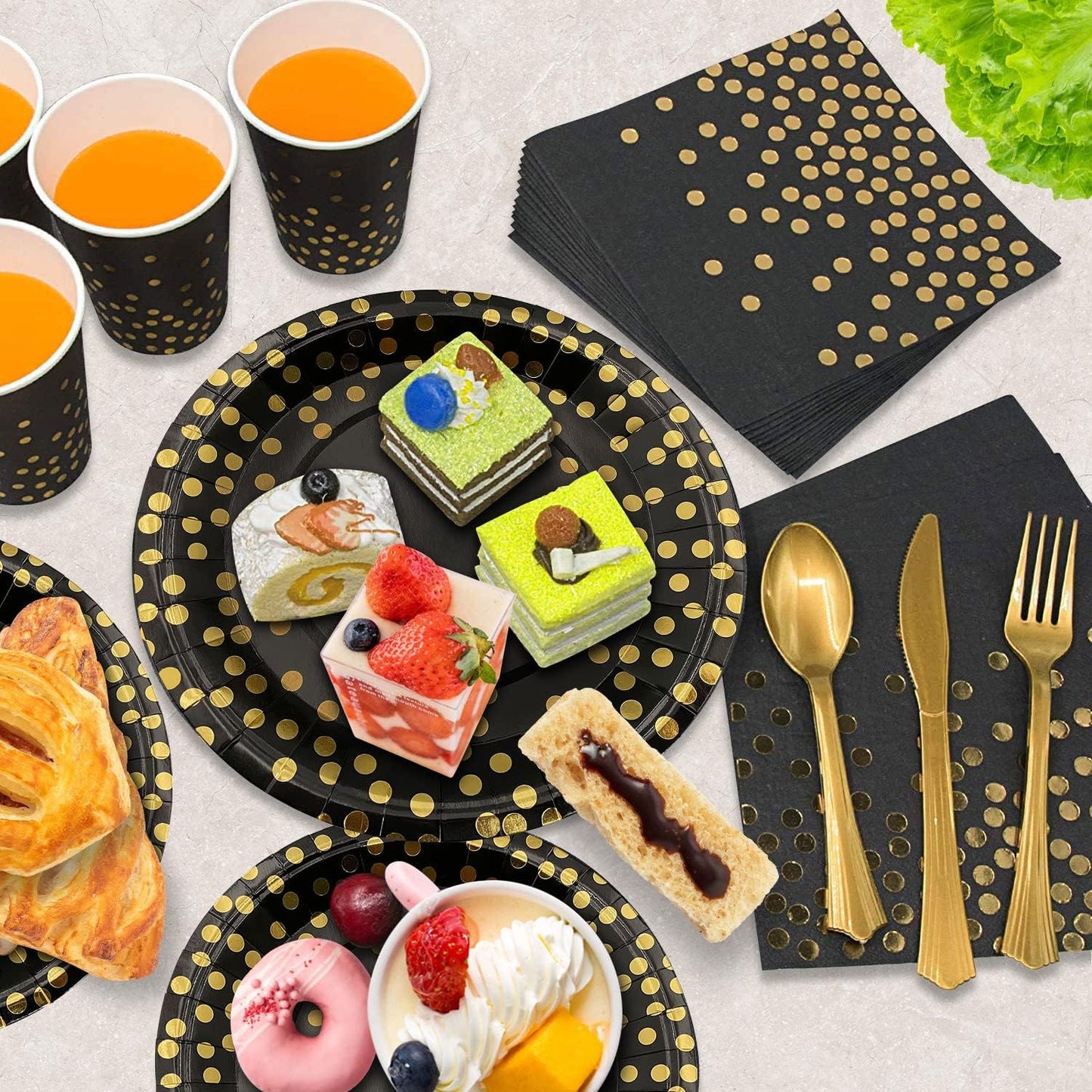 AIRE 350PCS Black and Gold Paper Plates Party Supplies for 50 Guests Party Decorations Disposable Dinnerware Golden Dot Paper Plates Napkins Cups Gold Plastic Forks Knives Spoons for Birthday Wedding