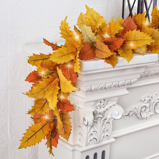 2PC Realistic Fall Garland for Mantle 6FT Fall Leaves Garland With Lights/Timer Fall Decorations for Home Porch Fall Leaf Garlands Autumn Decor for Thanksgiving Outdoor Fireplace Wedding Hanging Table