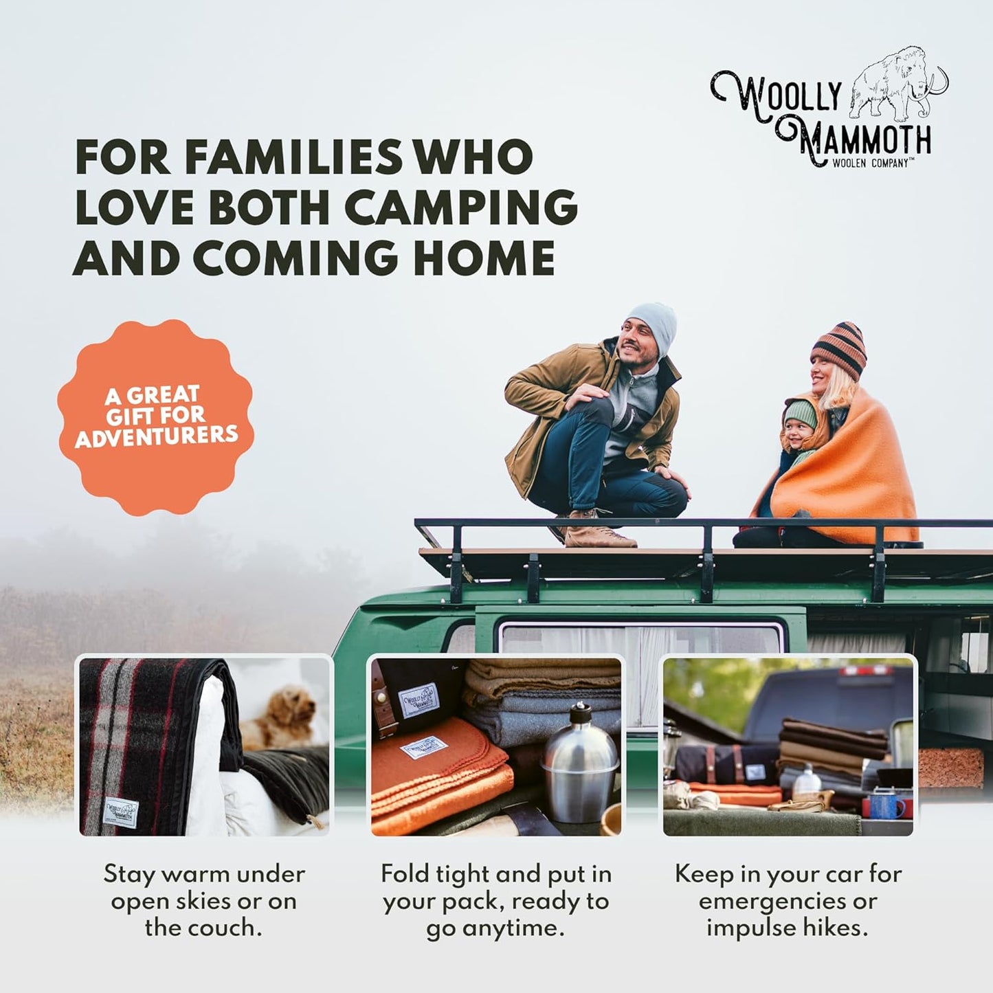 Woolly Mammoth Woolen Company Camping Wool Blanket - 66 in x 90 in Black & Cream Plaid - Heavyweight Merino Wool Outdoor Throw Blanket & Bedroll - Insulating Warm for Winter, Picnic & Travel