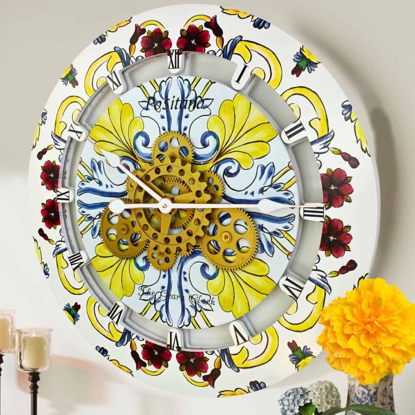 The Gears Clock Wall Clock Italy Collection with Moving Gears (Positano, 24 inch Round)
