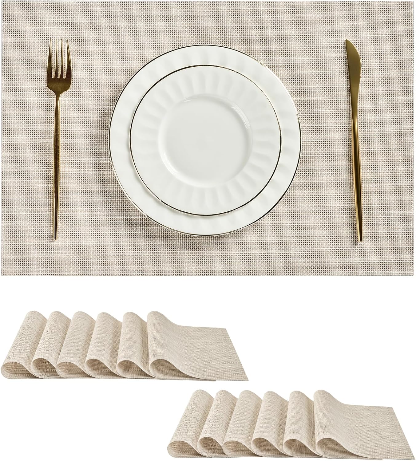 Leetaltree Beige White Placemats Set of 12 - Heat Resistant Non-Slip Place mats for Dining Table, Washable Durable PVC Vinyl Woven Table Mats（Beige White, 12）