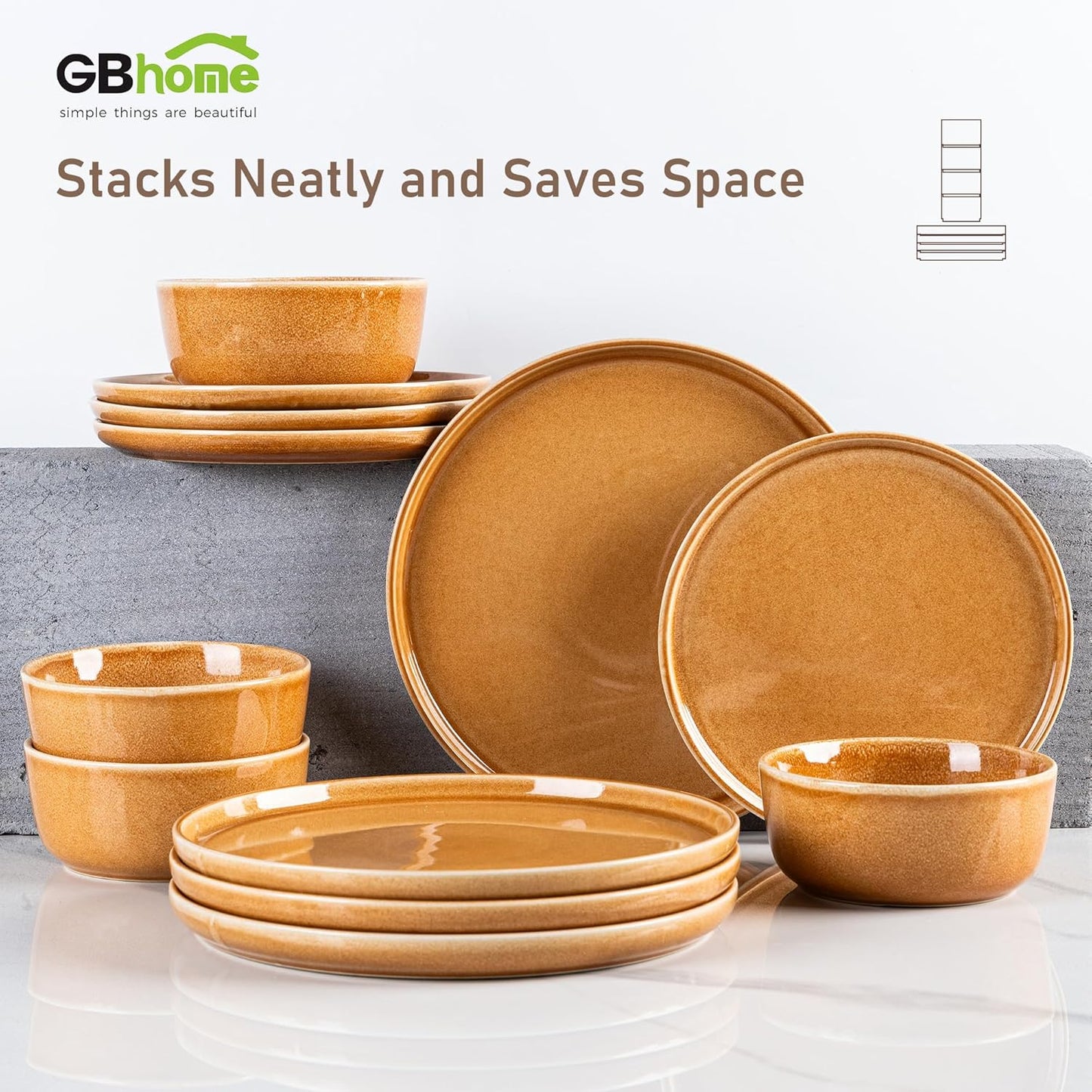 GBHOME Ceramic Dinnerware Sets for 4, 12 Pieces Stoneware Plates and Bowls Sets, Scratch Resistant Dishes, Dishwasher & Microwave Safe, Reactive Glaze-Amber