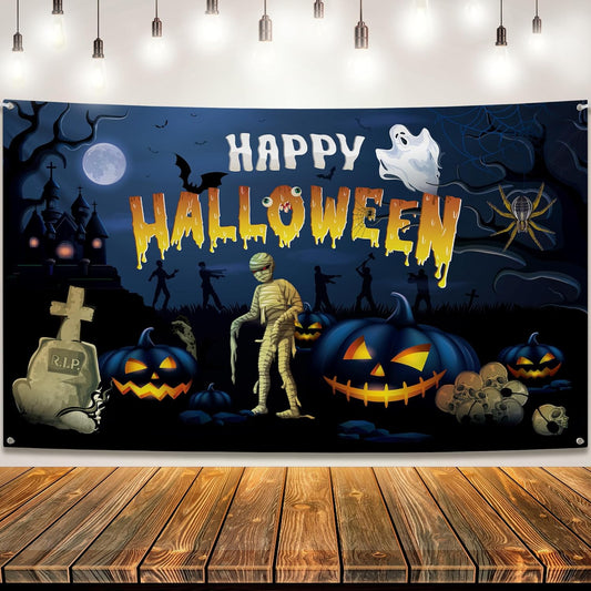 KatchOn Spooky Happy Halloween Banner - XtraLarge, 72x44 Inch | Pumpkin Backdrop for Parties, Party Decorations | Blue Photo Backdrop, Skull Decorations Indoor