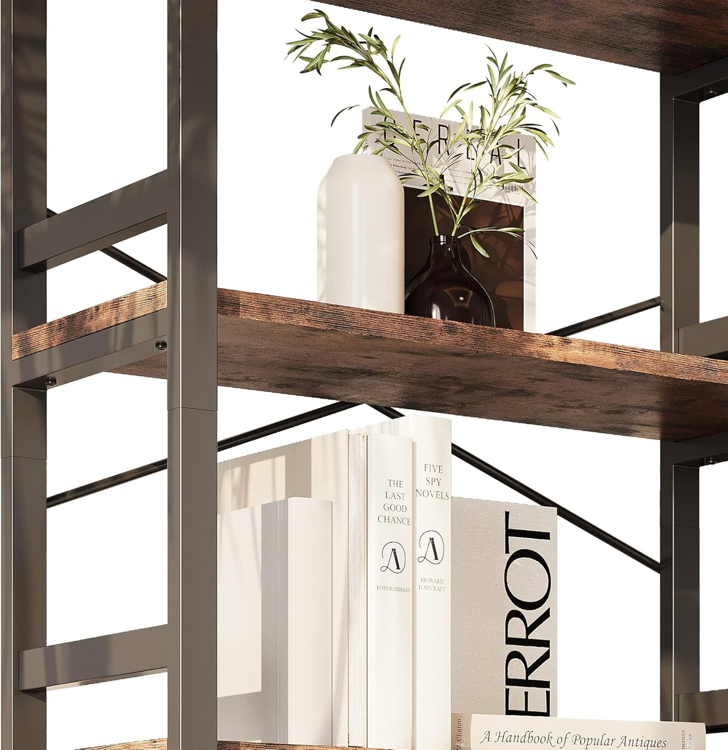 IRONCK Bookshelves and Bookcases, 31.5in Wide Shelf 5-Tier Ladder Shelf 110lbs/shelf Vintage Industrial Style Bookcase for Bedroom Living Room Home, Vintage Brown