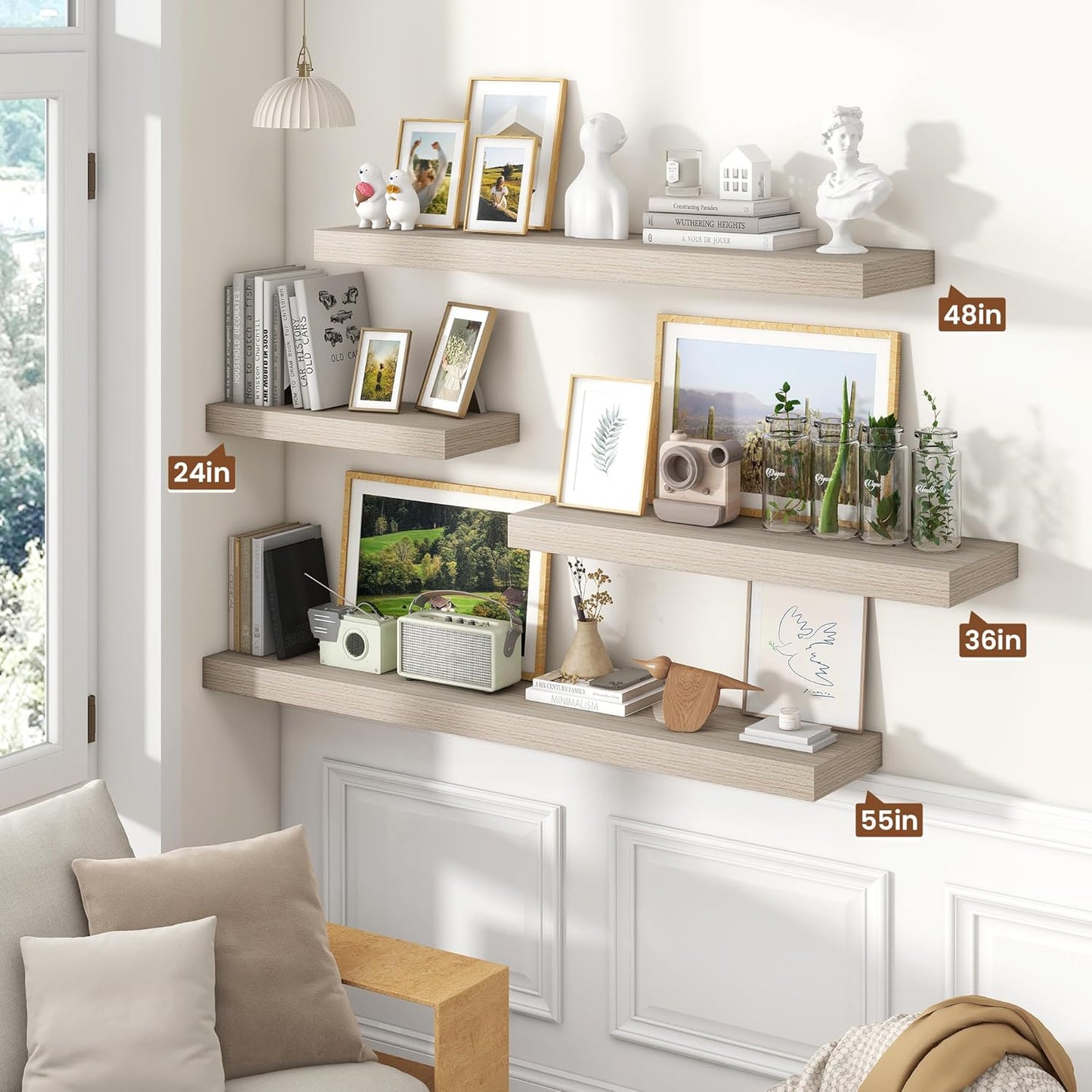 Heimlove 48" Floating Shelves for Wall,10 Grey Deep Rustic Wood Display & Storage Wall Shelves with Heavy Duty Brackets for Bathroom,Bedroom,Kitchen,Living Room,Office,Set of 2