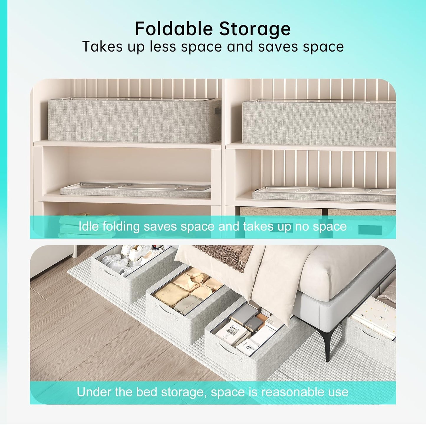 3PCS Under Bed Storage Bins with Metal Frame, Linen Fabric Frame Storage Box Clothes Organizer Bins, Underbed Container with Clear Window (Light Grey, 15.7 x 13 x 6IN)