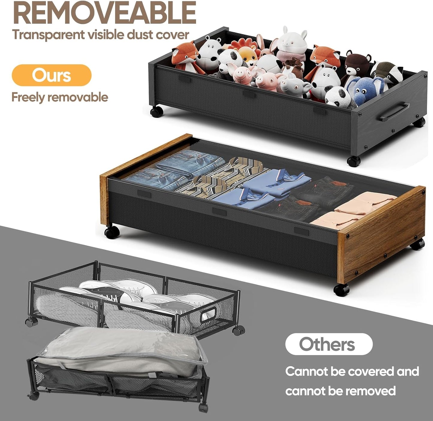 Wooden Under Bed Storage with Wheels, Rolling Under the Bed Storage Bins with Removable Lid, Metal Under Bed Drawers for Clothes and Shoes in Bedroom or Living Room(Black Wood-2pack)