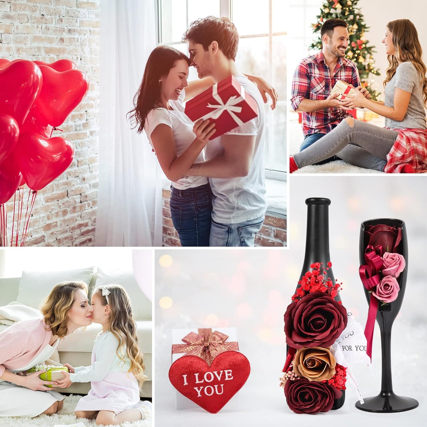 Valentines Day Gift Red Rose Fake Flowers Wine Bottle Vase Rose Glass Artificial Flowers for Home Table Decor Office Decoration Preserved Rose Flowers For Her Womens Valentines Decoration Set of 2
