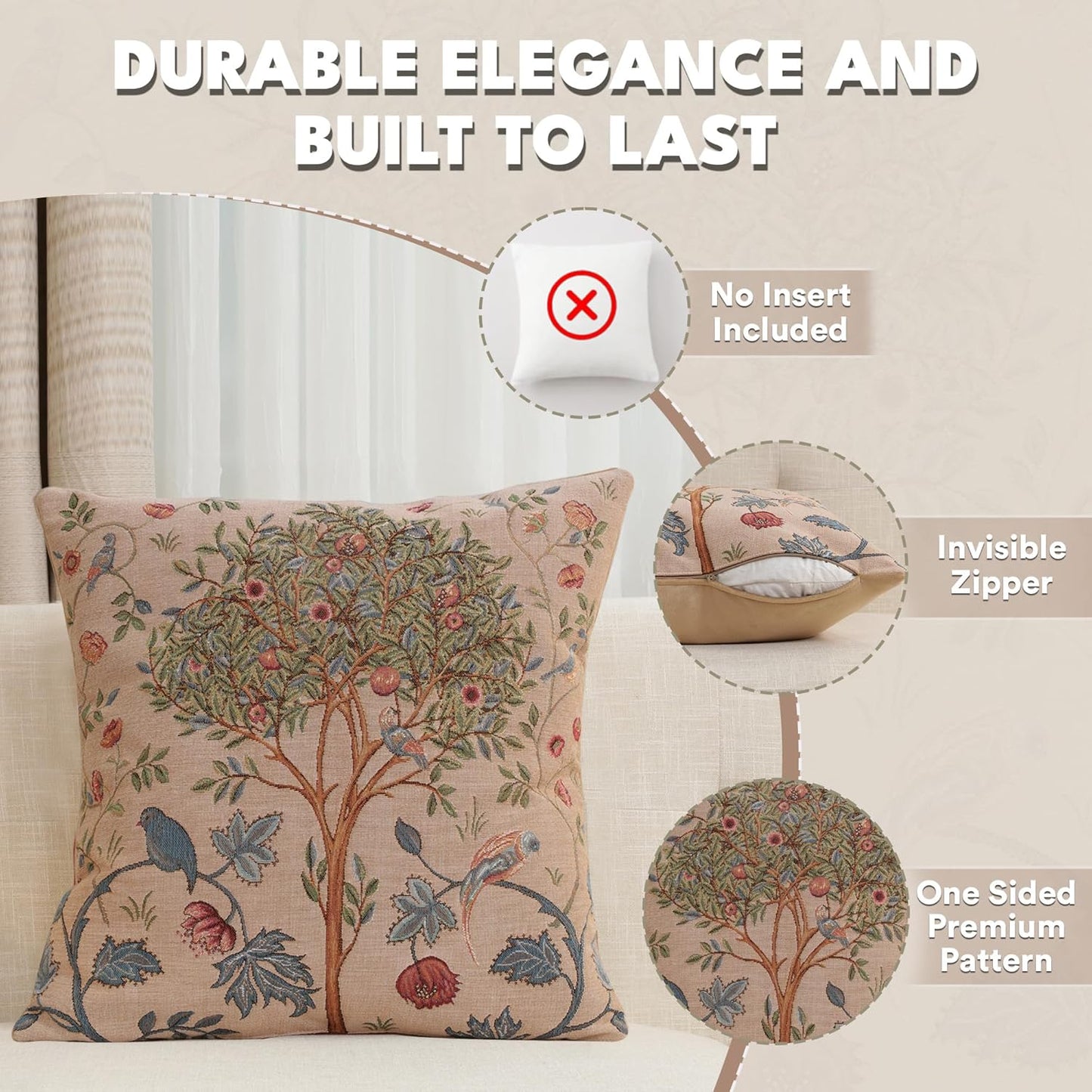 Charlotte Home Furnishings Decorative Tapestry Pillow Cover 19x19 in, Beige Kelmscott Couch Throw Pillow Cover, French Country Square Cushion Cases for Bed Room Home Decor, Soft Cotton Jacquard Woven