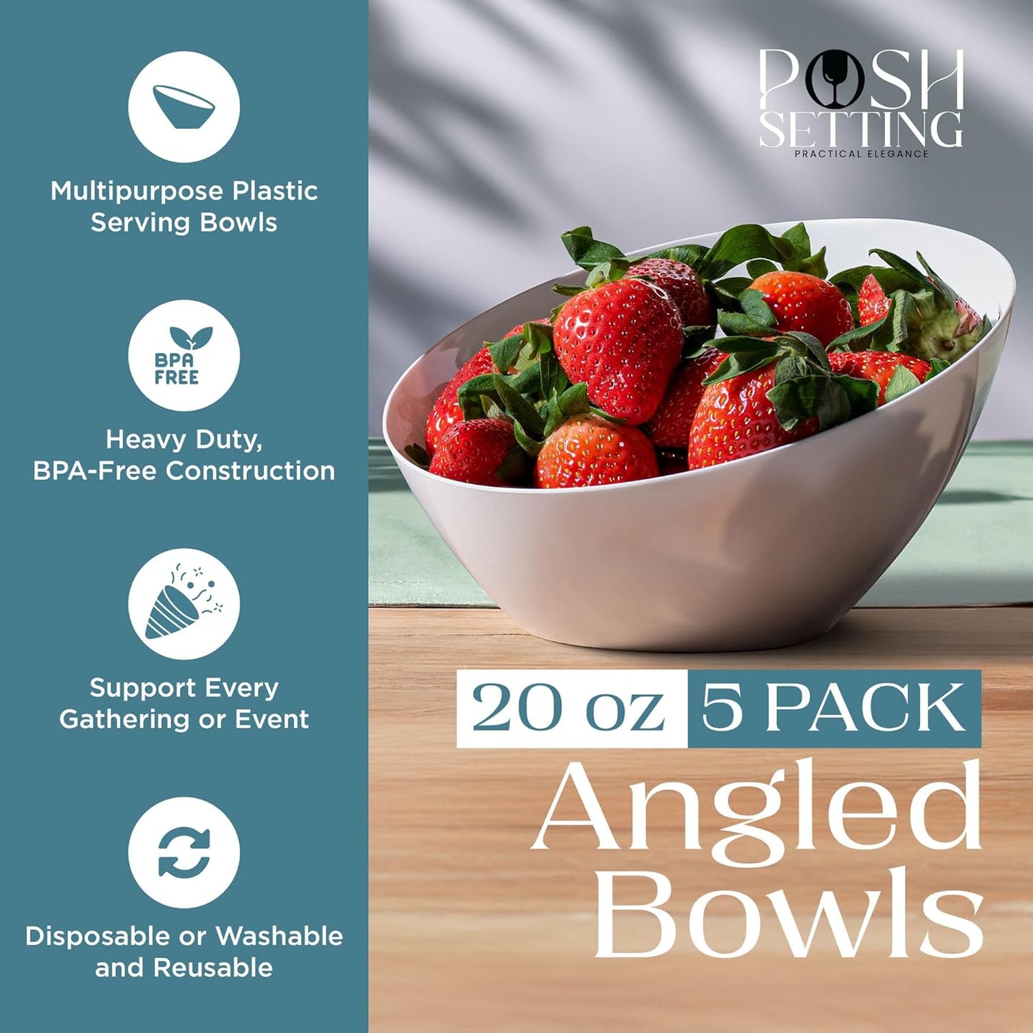 Posh Setting - White Plastic Serving Bowls for Party Angled Bowls Disposable Chip Bowls Candy Bowls for Party Table Salad and Fruit Bowls for Party Wedding Serving Bowls-White, 20 OZ, 5 Pack