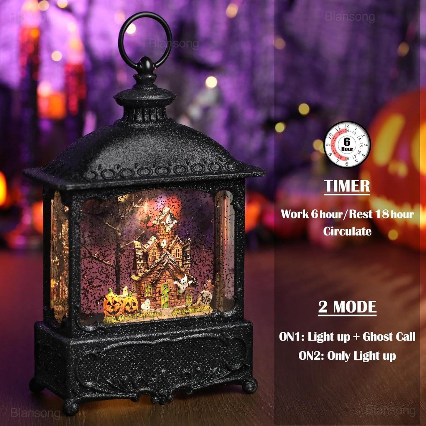 Halloween Snow Globe Lantern Ghost Snow Globe Halloween Decorations for Home Haunted House Pumpkin Ghost Tree Crow Rip Dancing Bats with Timer, USB and Battery Powered 12 inch