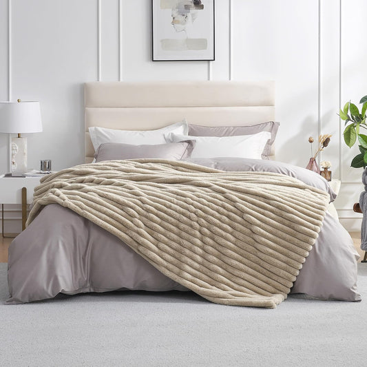 Amélie Home Faux Fur Throw Blanket for Couch, Cozy Fuzzy Fluffy Fur Luxurious Soft Striped Plush Gift Blankets for Family Sofa Chair Bed Living Room Bedroom, 60"x80", Beige