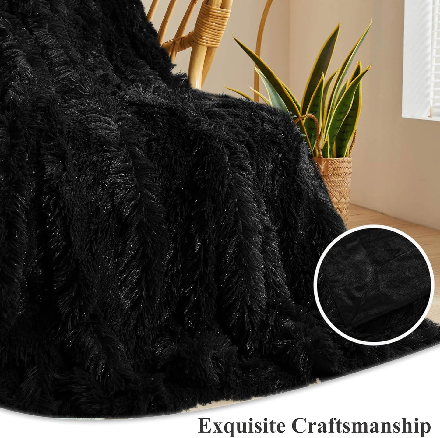 XeGe Luxury Faux Fur Throw Blanket, Black Soft 50x60 Fluffy Blanket Throw, Shaggy Plush Decorative Couch Blanket, Cute Furry Bed Throw Fuzzy Lap Blanket for Kids Women Men Teen Girls Black