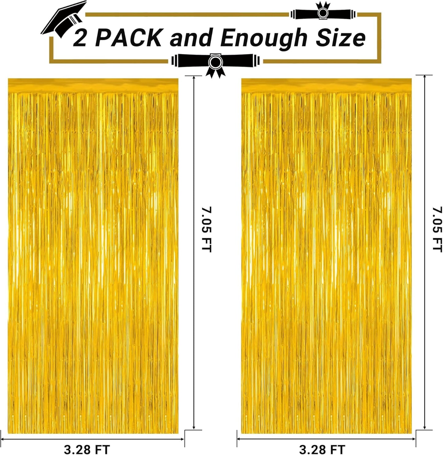 2 Pack Gold Tinsel Backdrop, 3.28 FT x 7.05 FT Metallic Fringe Curtain, Gold Color Graduation Backdrop Party Streamers, Party Supplies Door Decorations for Birthday Anniversaries