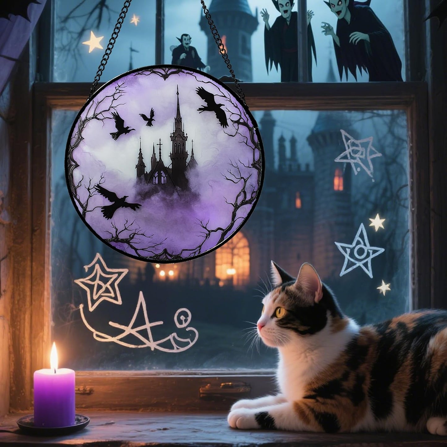 Stained Glass Window Hanging - Halloween Gothic Castle Purple Smoke Suncatcher for Doors Garden Home Spooky Crow Sun Catchers Gothic Decor Horror Gift for Women Men Friend Boy Girl 6.3 in
