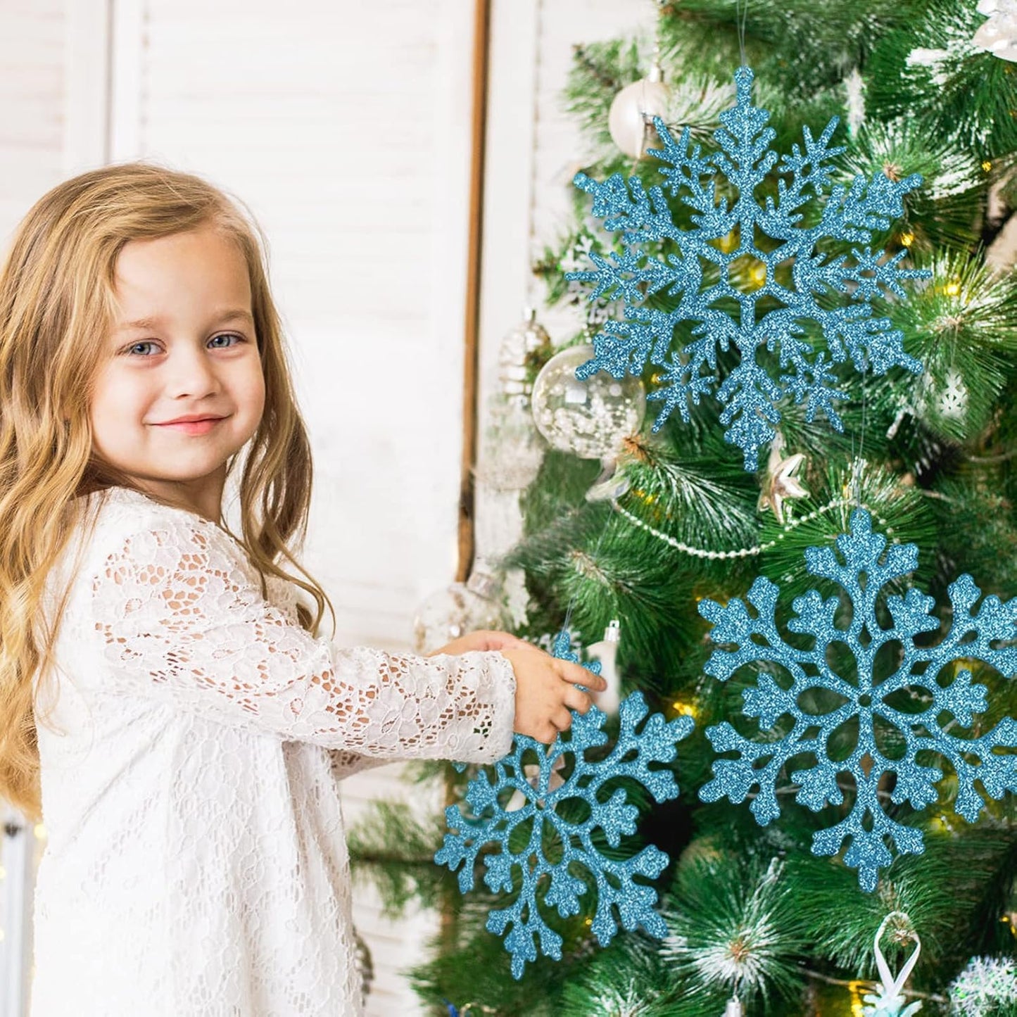 6pcs Large Snowflakes Ornaments Blue 12” Big Plastic Glitter Snowflake for Winter Indoor Outdoor Christmas Tree Window Room Decorations Giant Craft Snowflakes