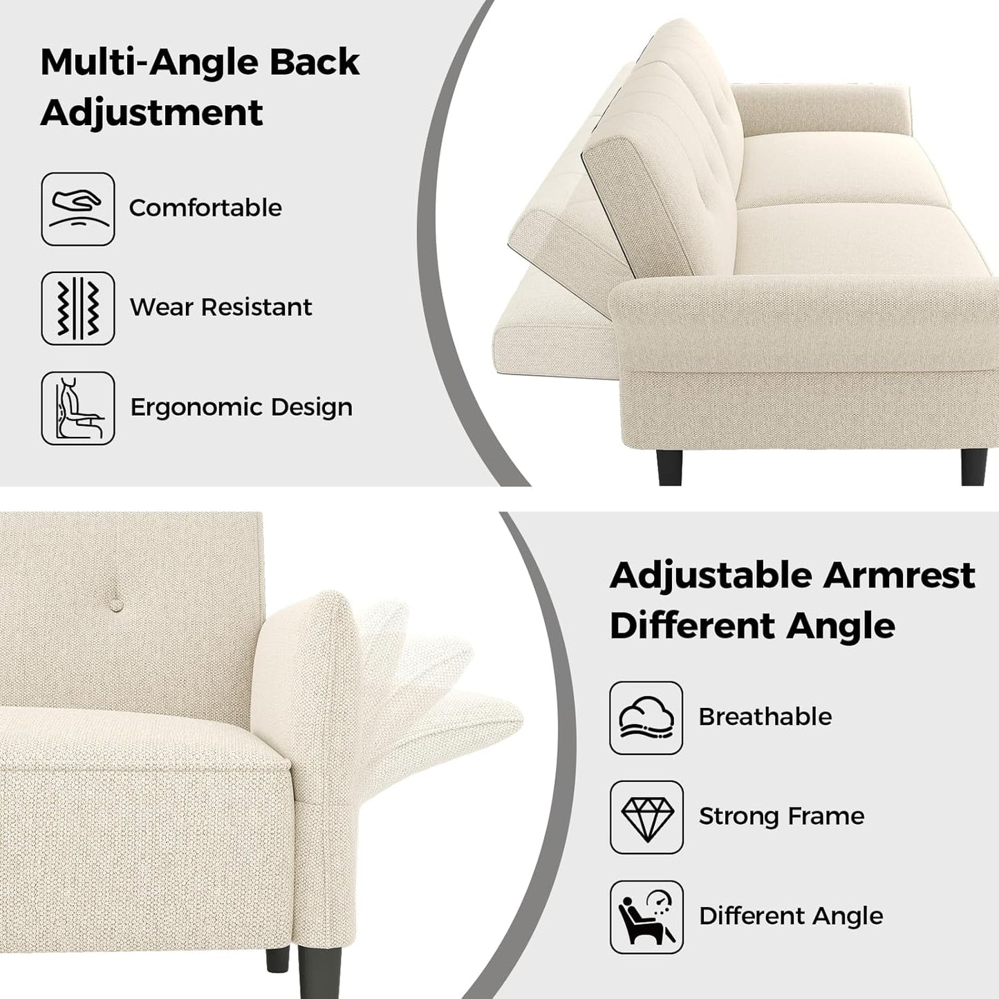 89” Futon Sofa Bed, Linen Comfy Futon Couch Bed with 2 Square Pillows, Convertible Sleeper Sofa with Adjustable Backrest& Armrests, Modern Loveseat Sleeper for Living Room, Bedroom, White