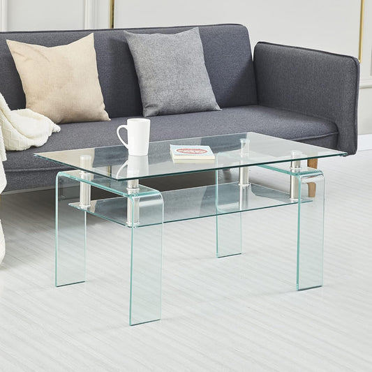 Glass Coffee Table for Living Room, Modern Rectangle All Tempered Glass Table 8mm Clear Transparent Top Home Furniture for Small Space Bearing 220LB