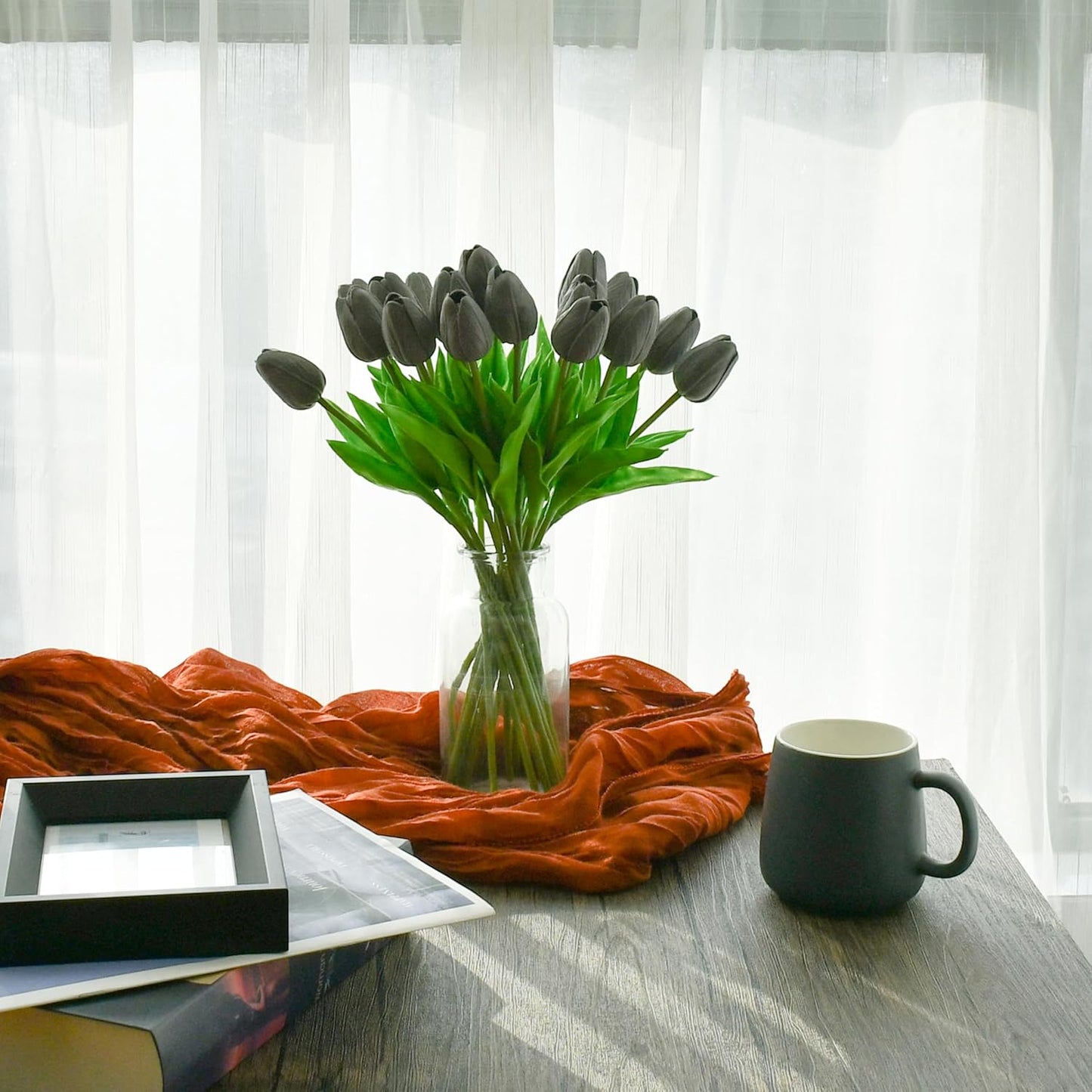 Mandy's Artificial Tulips 20 Stems Dark Grey PU Faux Flowers for Wedding Home Decor 13.5 Inch